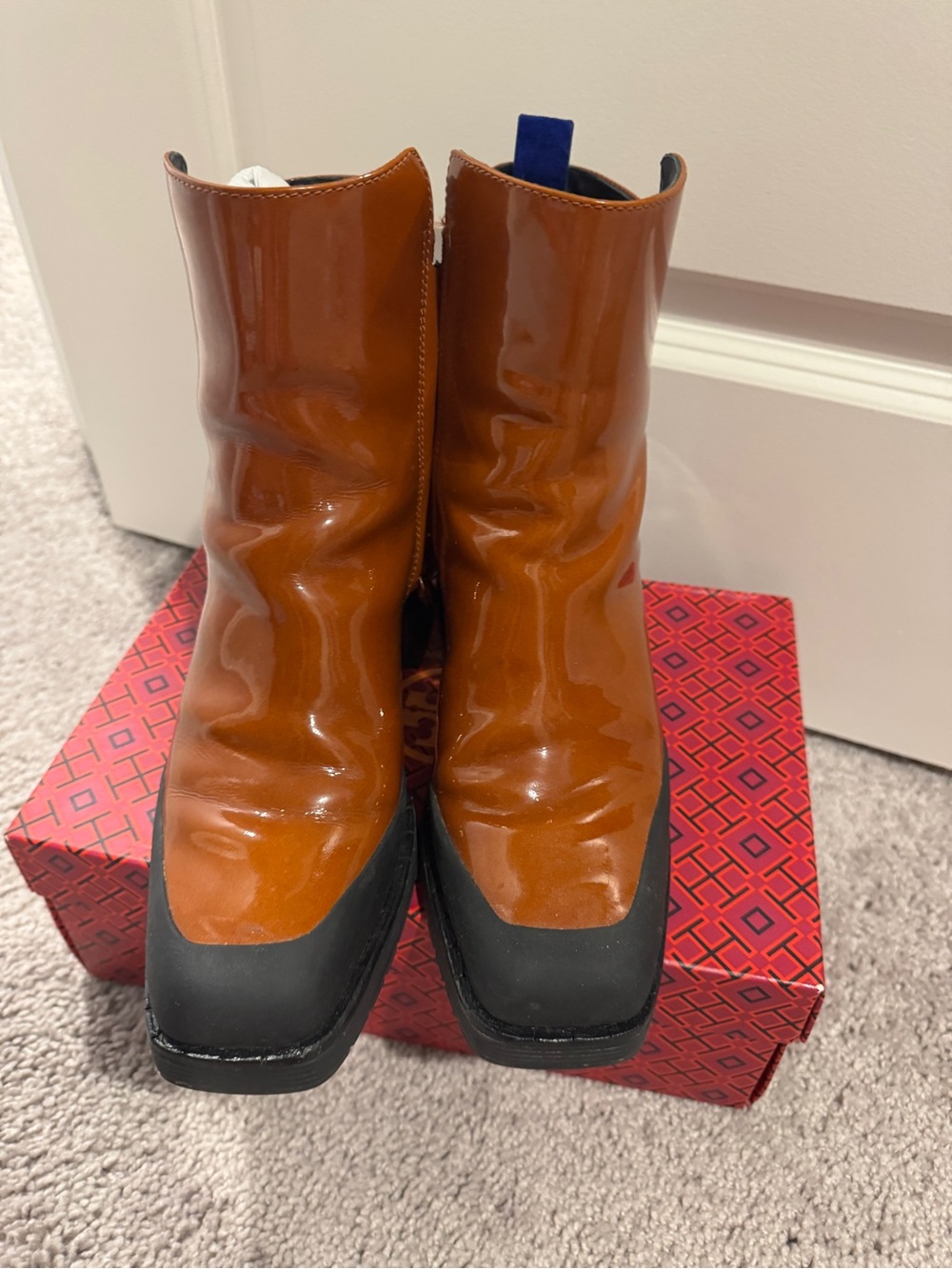 Tory Burch Glossy Cognac Brown Ankle Boots with Black Rubber Toe